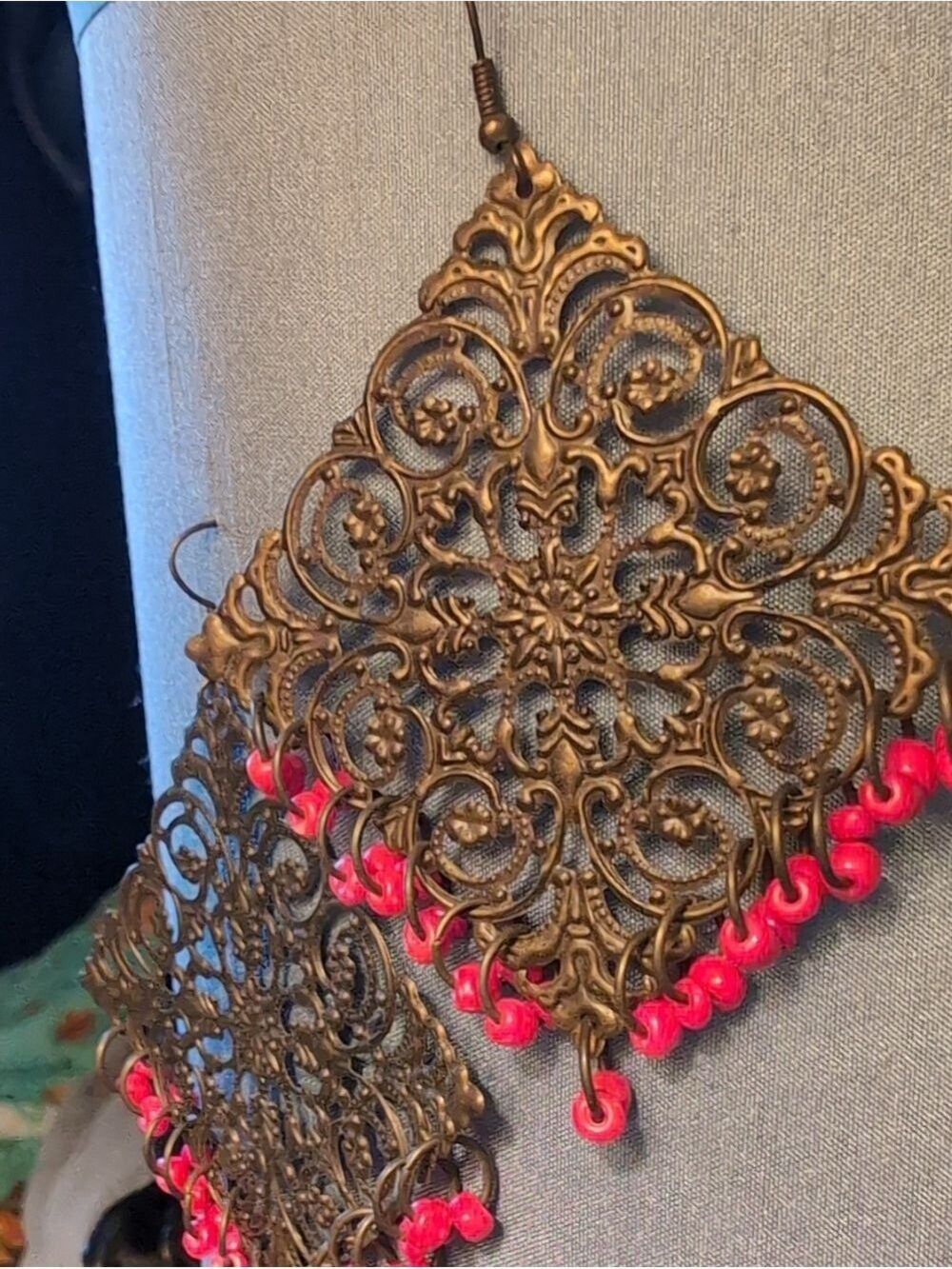 Filigree Panel Brass-Color Dangle Earrings with Pink Bead Fringe